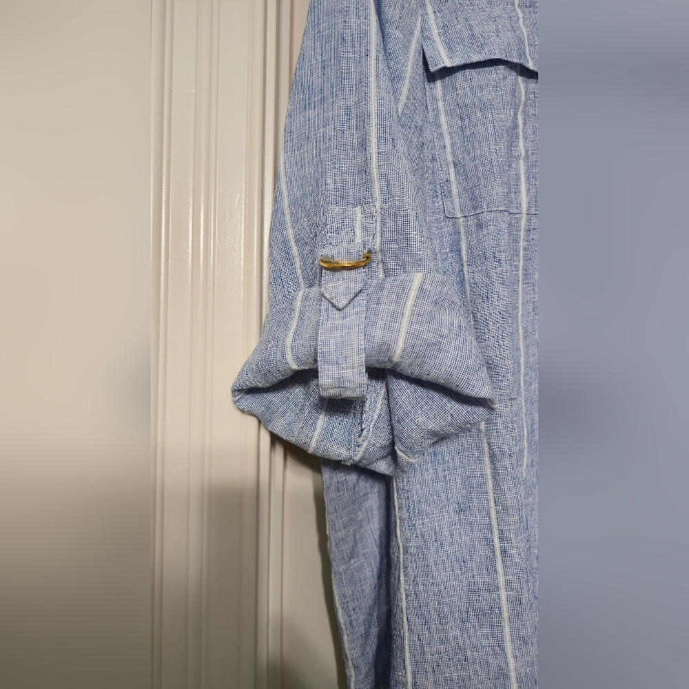 Ellen Tracy White and Blue 100% Linen Striped Shirt 3X - Picture 5 of 7